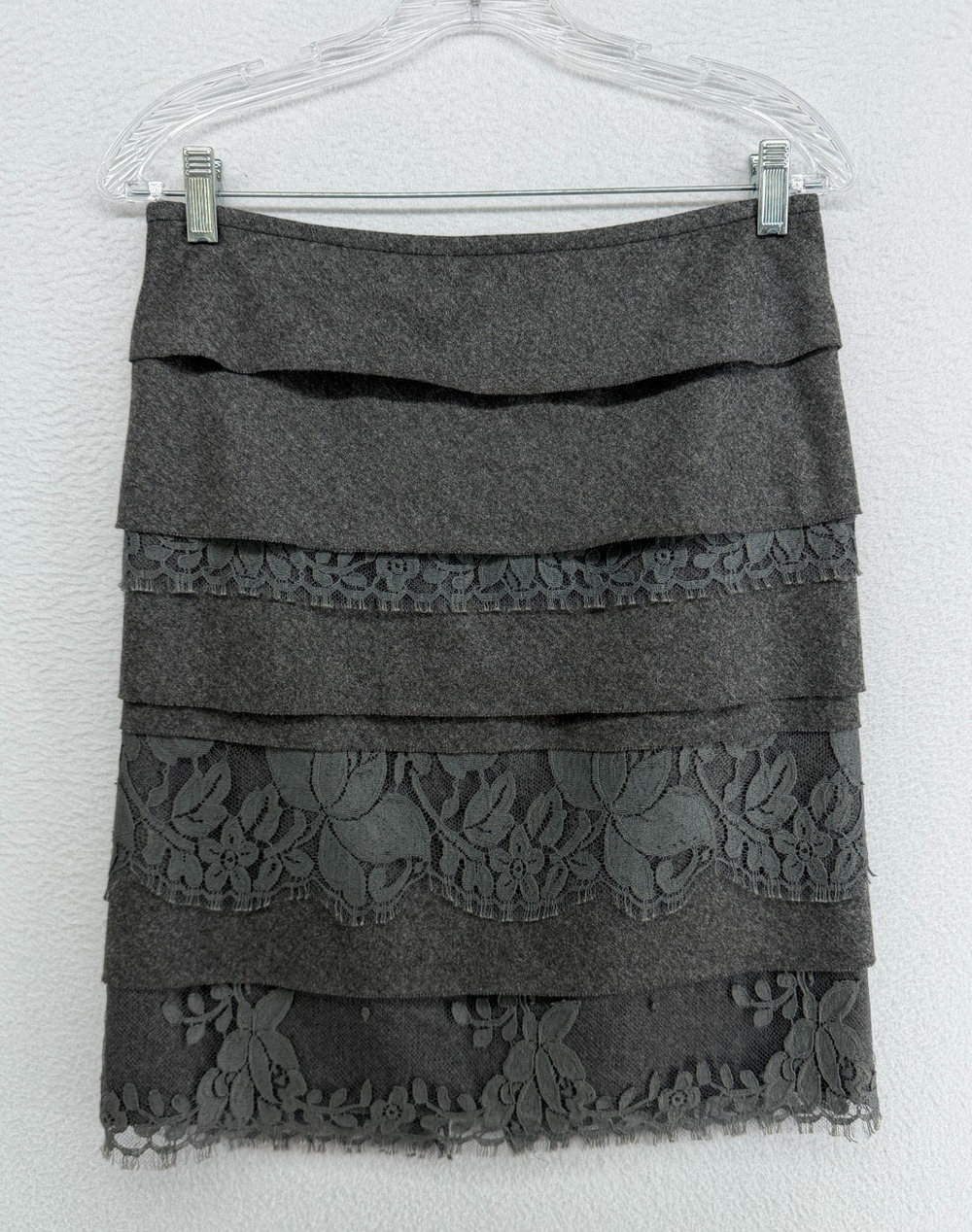 DKNY Skirt 4 Wool with Lace Trim Pencil Tiered Layered Charcoal Gray Vintage Y2K